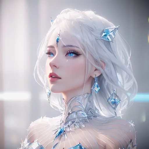 Prompt: Beautiful glamorous  ice woman with platinum hairs, , symmetrical face, the illumination inside is bright, 3 d model, very coherent symmetrical artwork, unreal engine realistic render, 8 k, micro detail, clear glass intricate details, portrait of a beautiful person, elegant, highly detailed, digital painting, artstation, smooth, sharp focus, crystal schoulders, background frozen forest, wlop, white ceramic white skin