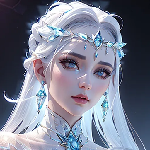 Prompt: Beautiful glamorous  ice woman with platinum hairs, , symmetrical face, the illumination inside is bright, 3 d model, very coherent symmetrical artwork, unreal engine realistic render, 8 k, micro detail, clear glass intricate details, portrait of a beautiful person, elegant, highly detailed, digital painting, artstation, smooth, sharp focus, aeolian, crystal schoulders, background frozen hills and full moon,  wlop, white ceramic white skin,half body image, portrait
