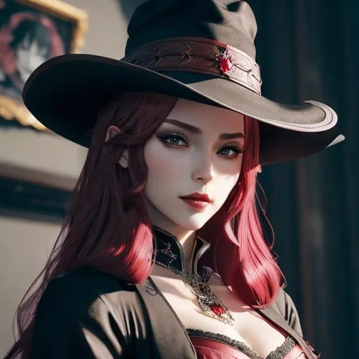 Prompt: Beautiful anime glamorous vampiric woman, aristocratic, with red-pink hairs, wearing brown tricorn hat, cocked hat, holding sword,  aristocratic red with black dress, symmetrical face, 3d model, very coherent symmetrical artwork, unreal engine realistic render, 8 k,4k, UHD, micro detail,  portrait of a beautiful person, elegant, highly detailed, smooth light, digital painting, artstation, smooth, sharp focus,background aristocratic house,  wlop, white ceramic white skin,half body image, looking at viewer