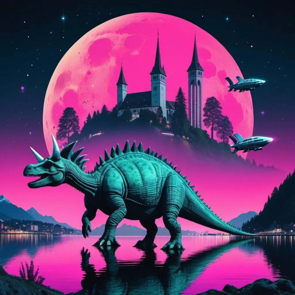 Prompt: Panorama of Lucerne in synthwave style with stegosaurus, moon, stars and space ship in the sky