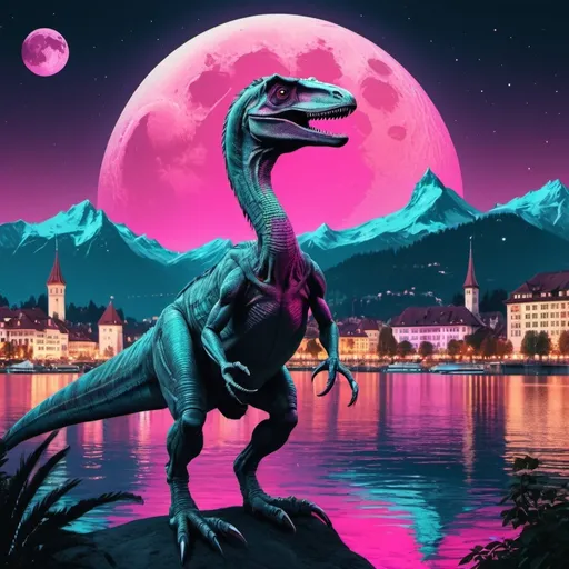 Prompt: Panorama of Lucerne in synthwave style with velociraptor, moon, stars and space ship in the sky