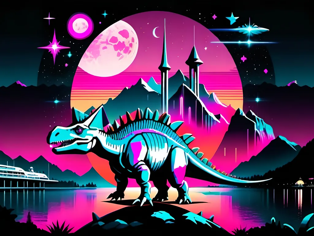 Prompt: Panorama of Lucerne in synthwave style with stegosaurus, moon, stars and space ship in the sky