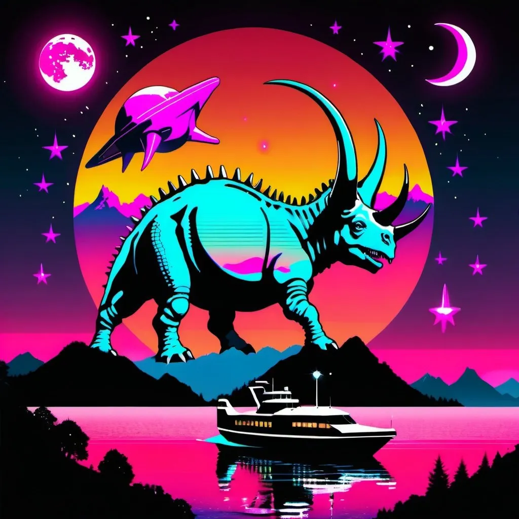 Prompt: Panorama of Lucerne in synthwave style with triceratops, moon, stars and space ship in the sky