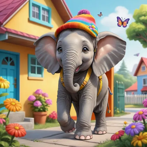 Prompt: A cheerful young elephant with bright eyes and a playful smile standing in front of a cozy, colorful house. She's wearing a tiny hat and has a little backpack. Around her, there are flowers, butterflies, and a friendlu neighborhood scene.