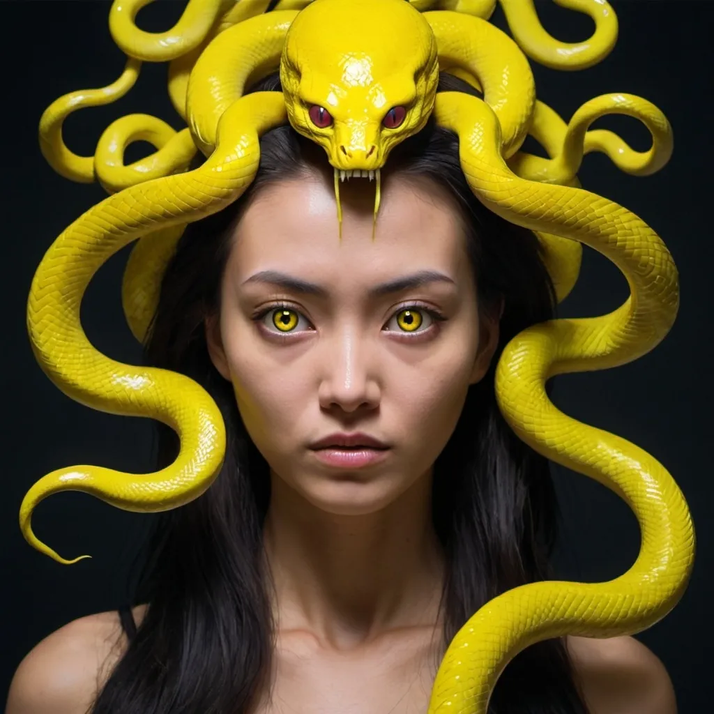 Prompt: A woman with meduza head and eight yellow snake eyes