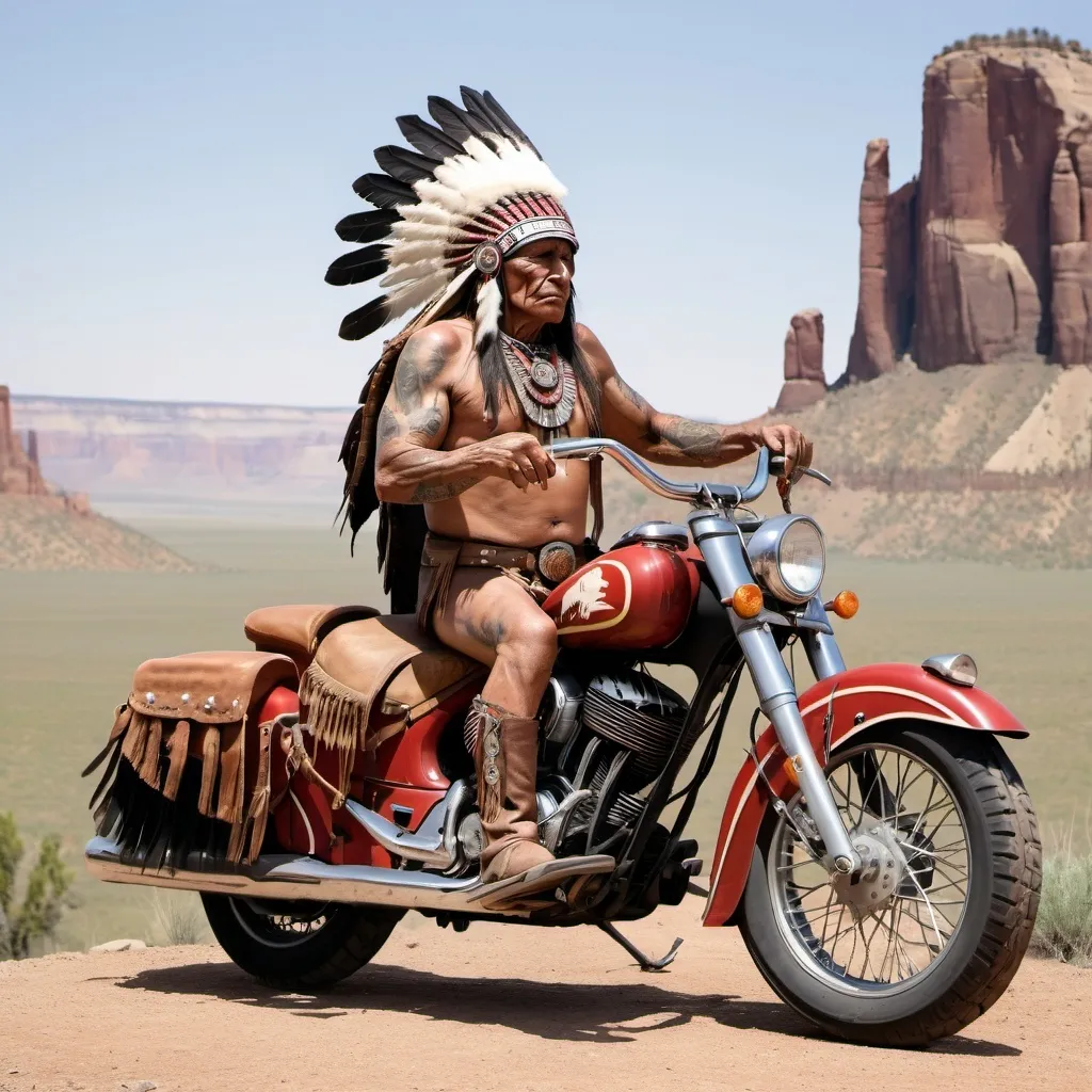 Prompt: An old indian chieftain with tomahawk and a tatoos, sitting on a horse, with a wild west view in the background