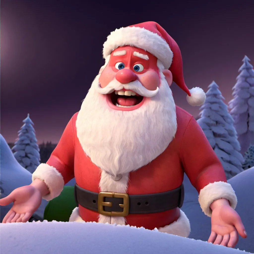 Prompt: Disney-Style Santa yelling for Rudolph, but Rudolph is nowhere to be found. 

