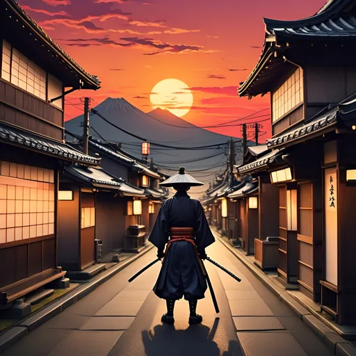 Prompt: Japan Sunset Samurai Retro Town