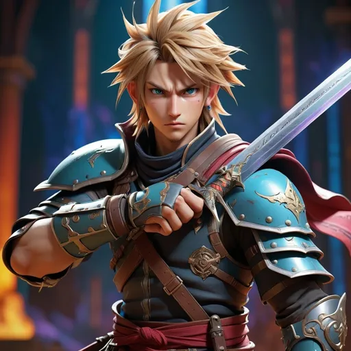 Prompt: (fighter character), male (Final Fantasy style), armored attire, giagantic sword, intricate details, dramatic pose, vibrant colors, fantasy arena backdrop, epic ambiance, dynamic lighting, magical effects, high quality, 4K, ultra-detailed, heroic expression, wielding a weapon, rich textures, immersive atmosphere.