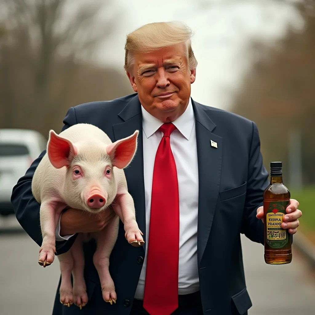 Prompt: An image of Donald Trump carrying a pig under one arm and a bottle of Olive Oil in his other hand.