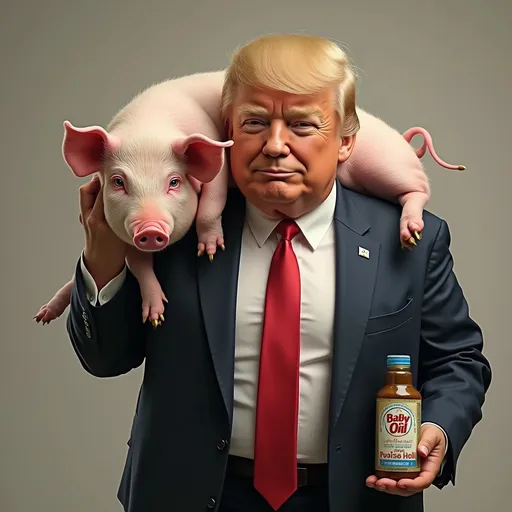 Prompt: An image of Donald Trump carrying a pig under one arm and a bottle of Baby Oil in his other hand.