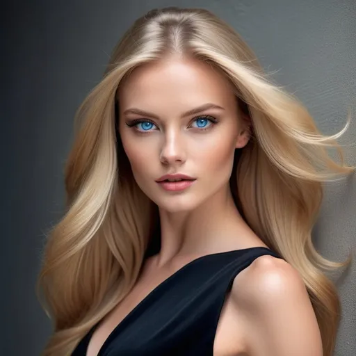 Prompt: close-up portrait of a stunning FIT blonde supermodel against a wall, elegant black dress, youthful and vibrant, radiant beauty, long flowing blonde hair, striking blue eyes, professional photography, high fashion, modern and sleek, vibrant colors, high quality photography, detailed features, elegant pose, sophisticated lighting