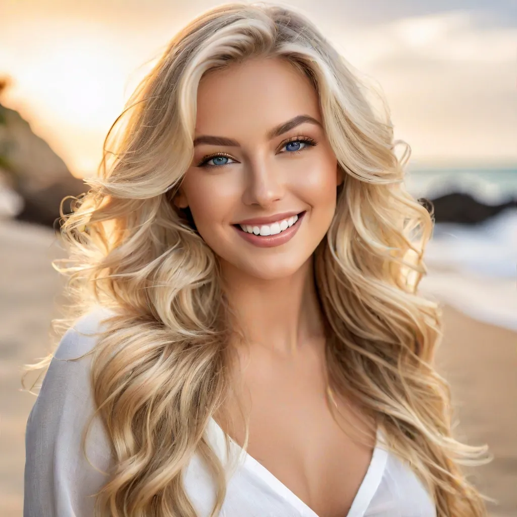 Prompt: photorealistic, portrait realistic photograph, 8k, Full-shot, beautiful blonde bombshell model, long flowing silky shiny hair, layered wavy hair, detailed hair, hint of makeup, giddy  smile, stunning eyes, high-res, detailed, natural lighting, realistic, professional photograph, elegant, beach background, natural lighting