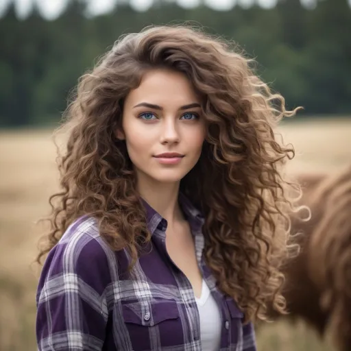 Prompt: Description: (8k) The candid photographic  image showcases a woman with a striking voluminous  full mane of long, curly hair that dominates the frame. The curls are well-defined, cascading down and around her shoulders, exhibiting a range of brown tones from light to dark. She has light skin with a warm undertone and striking blue eyes that stand out against her darker hair. playful smile, The woman is wearing a plaid shirt with a mix of purple, black, and white, which adds a casual, rustic vibe to the image. Her confident, slightly off-center gaze and the subtle tilt of her head give her a poised yet approachable look. The outdoor setting features greenery in the background, suggesting a rural or natural environment. The overall aesthetic of the image conveys a sense of bold natural beauty and individuality, possibly suitable for lifestyle or fashion photography with a focus on hair.

Tech spec: The photo is square in format, indicating it might be tailored for platforms like Instagram. The camera angle is a direct front view with a slight tilt to align with the subject's head position. The lighting appears to be natural and even, likely from an overcast sky, which softens shadows and provides even illumination on the subject's face and hair. The depth of field is medium, keeping the subject in focus while softly blurring the background to reduce distraction. The resolution is sufficient to capture the texture of the hair and the fine details of the subject's facial features.