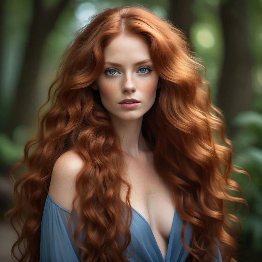 Prompt: Description: (8k) The candid photographic  image showcases a woman with a striking voluminous  full mane of long, curly silky shiny auburn red hair that dominates the frame. The curls are well-defined, cascading down and around her shoulders, exhibiting a range of brown tones from light to dark. She has light skin with a warm undertone and striking blue eyes that stand out against her darker hair. playful smile, The buxom  woman is wearing a plaid shirt with a mix of purple, black, and white, which adds a casual, rustic vibe to the image. Her confident, slightly off-center gaze and the subtle tilt of her head give her a poised yet approachable look. The outdoor setting features greenery in the background, suggesting a rural or natural environment. The overall aesthetic of the image conveys a sense of bold natural beauty and individuality, possibly suitable for lifestyle or fashion photography with a focus on hair.

Tech spec: The photo is square in format, indicating it might be tailored for platforms like Instagram. The camera angle is a direct front view with a slight tilt to align with the subject's head position. The lighting appears to be natural and even, likely from an overcast sky, which softens shadows and provides even illumination on the subject's face and hair. The depth of field is medium, keeping the subject in focus while softly blurring the background to reduce distraction. The resolution is sufficient to capture the texture of the hair and the fine details of the subject's facial features.