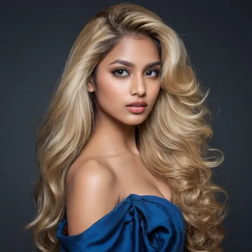 Prompt: 
Subject: A young ravishing  supermodel, sassy, rebellious South Asian woman in her early 20s with long,  blonde silky and shiny hair cascading down her back. Her face is a perfect oval framed by loose curls. Her features are striking: a high cheekbone line, a slightly upturned nose, and full lips. But it's her eyes that truly captivate. They are a deep, hypnotic blue, the color of a stormy sky.