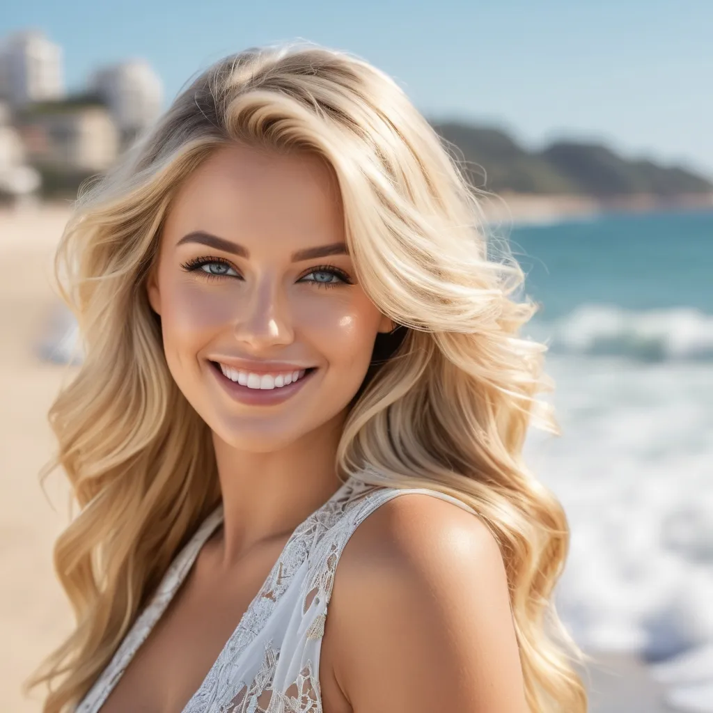 Prompt: photorealistic, portrait realistic photograph, 8k, Full-shot, beautiful blonde bombshell model, long flowing silky shiny hair, layered wavy hair, detailed hair, hint of makeup, giddy  smile, stunning eyes, high-res, detailed, natural lighting, realistic, professional photograph, elegant, beach background, natural lighting