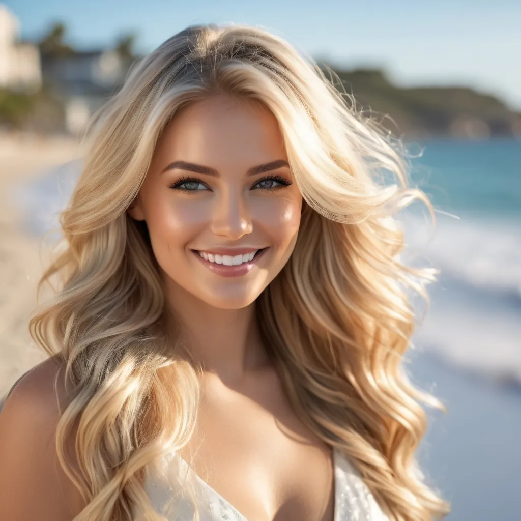 Prompt: photorealistic, portrait realistic photograph, 8k, Full-shot, beautiful blonde bombshell model, long flowing silky shiny hair, layered wavy hair, detailed hair, hint of makeup, giddy  smile, stunning eyes, high-res, detailed, natural lighting, realistic, professional photograph, elegant, beach background, natural lighting