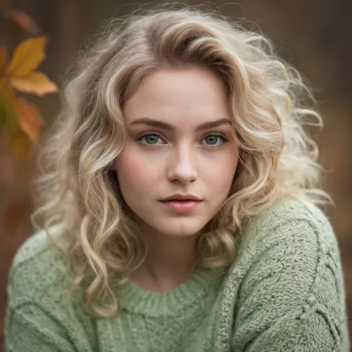 Prompt: “A portrait of an girl-next-door with voluminous, wavy blonde hair cascading over the shoulders of a cozy, knitted sweater. light green eyes, The person exudes a sense of warmth and comfort, yet retains an air of mystery as their face remains out of focus, ensuring privacy. The soft lighting accentuates the texture of the hair and the intricate patterns of the sweater, inviting the viewer to imagine a serene, autumnal setting where the subject is enjoying a peaceful moment alone.”