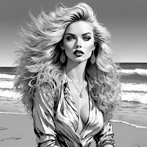 Prompt: <mymodel>Gorgeous blonde model with long, voluminous, wildly teased 1980s lioness hair posing on a beach, high fashion photoshoot, vibrant colors, detailed modeling, high quality, retro, beach setting, professional lighting, 80s fashion, glamorous, dramatic pose, editorial, beach waves, professional photoshoot, luxurious, vibrant and lively atmosphere, high resolution, beach fashion, modeling, fashion photography