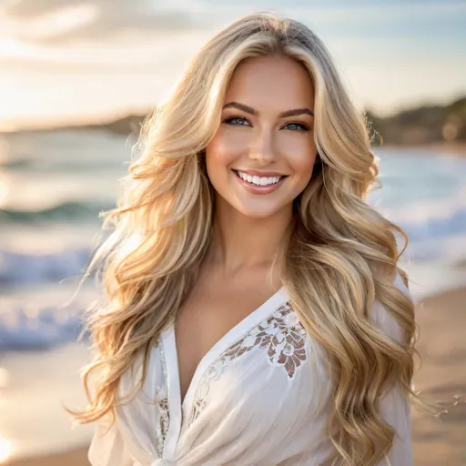 Prompt: photorealistic, portrait realistic photograph, 8k, Full-shot, beautiful blonde bombshell model, long flowing silky shiny hair, layered wavy hair, detailed hair, hint of makeup, giddy  smile, stunning eyes, high-res, detailed, natural lighting, realistic, professional photograph, elegant, beach background, natural lighting