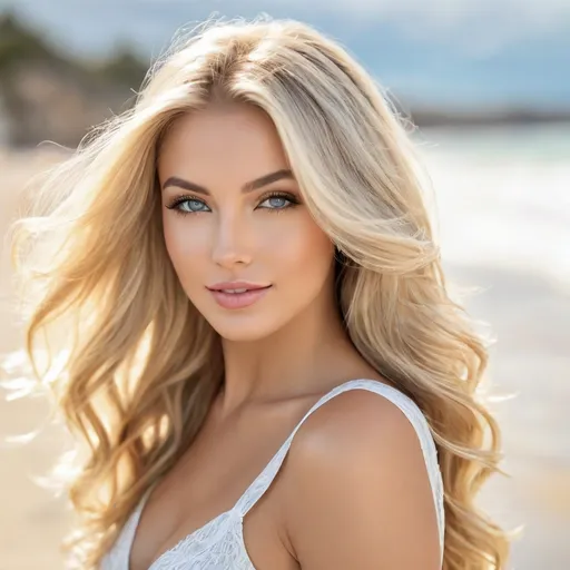 Prompt: photorealistic, portrait realistic photograph, beautiful blonde bombshell model, long flowing silky shiny hair, layered wavy hair, detailed hair, hint of makeup, slight smile, stunning eyes, highres, detailed, natural lighting, realistic, professional, elegant, beach background