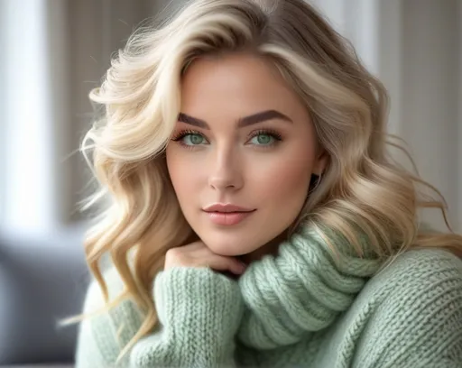Prompt: “A portrait of an girl-next-door with voluminous, wavy blonde hair cascading over the shoulders of a cozy, thick knitted sweater.PLUNGING NECKLINE,  light green eyes, it is a cold gray day, cheeks are rosey, The person exudes a sense of warmth and comfort, yet retains an air of mystery as their face remains out of focus, ensuring privacy. The soft lighting accentuates the texture of the hair and the intricate patterns of the sweater, inviting the viewer to imagine a serene, autumnal setting where the subject is enjoying a peaceful moment alone.”