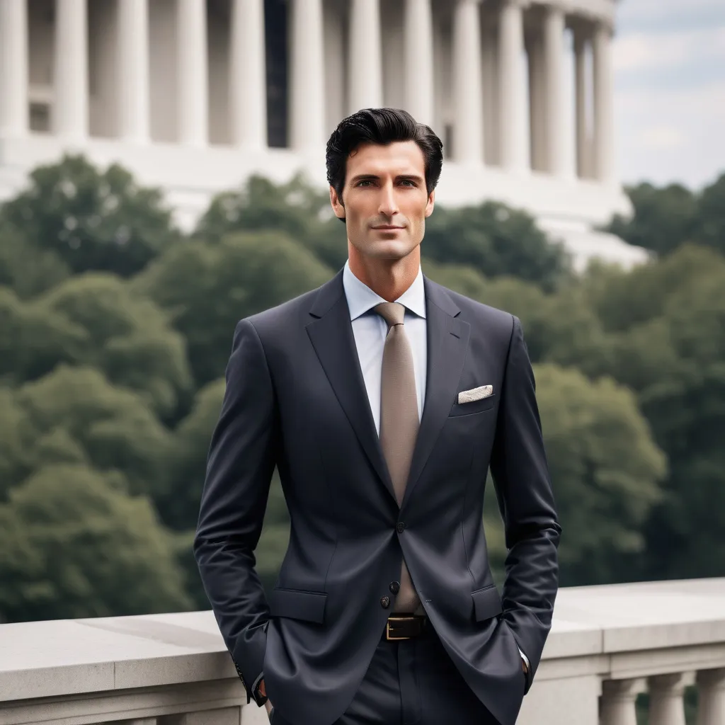 Prompt: tall attractive dark haired, athletic billionaire in Washington DC