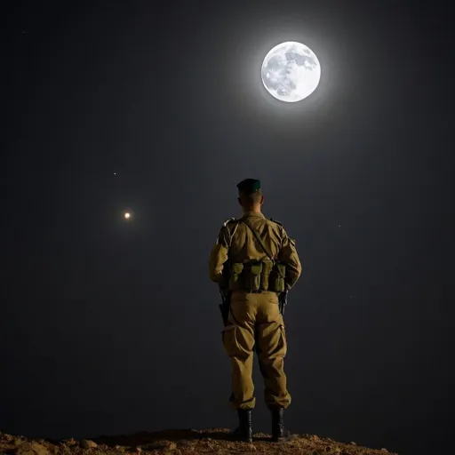 Prompt: IDF soldier in the dark of night moonlight looking up at the moon  
