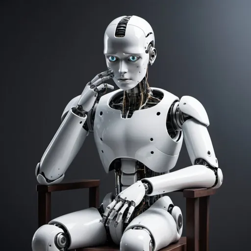 Prompt: An artificial intelligence expressing a strong feeling of surprise and deeply introspective.  Please make it look like an android, sitting down, holding its head.
It should resemble the thinking statue.