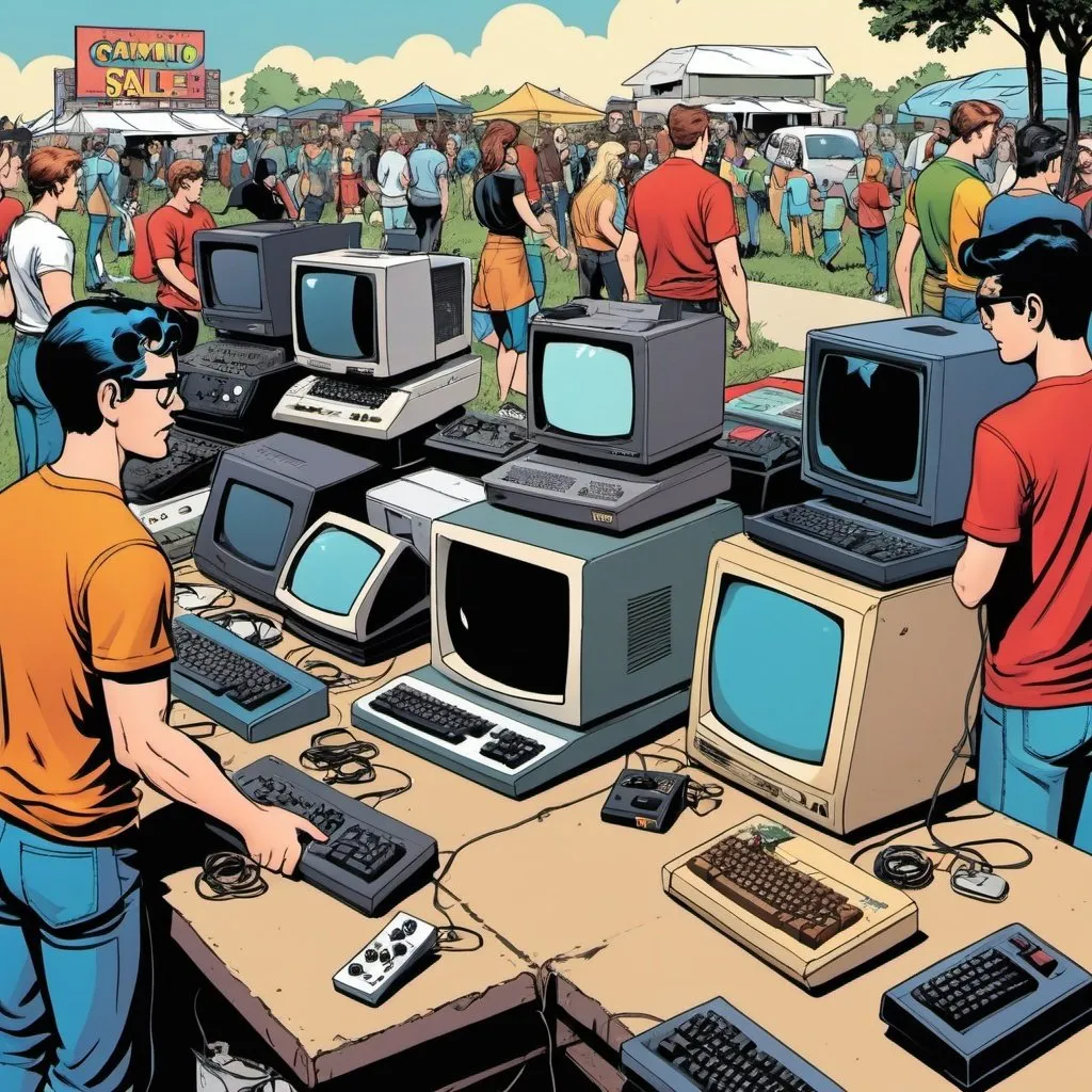 Prompt: retro computers and video games yard sale in a comic book style