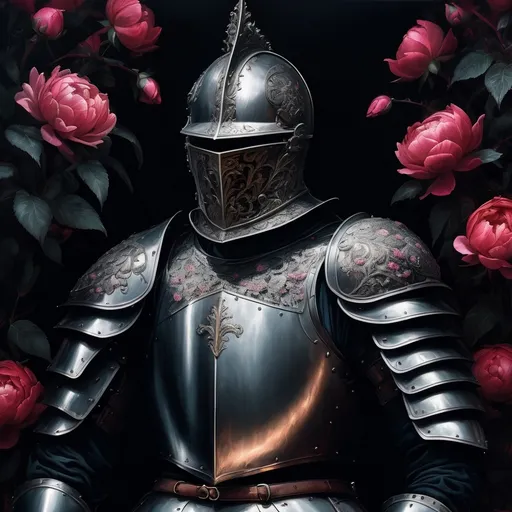 Prompt: “A knight in detailed, ornate armor standing with arms crossed, surrounded by blooming roses and peonies, gothic fantasy style, moody lighting, deep shadows, intricate floral patterns entwined with the armor, surreal atmosphere, highly detailed, dark romanticism, 
