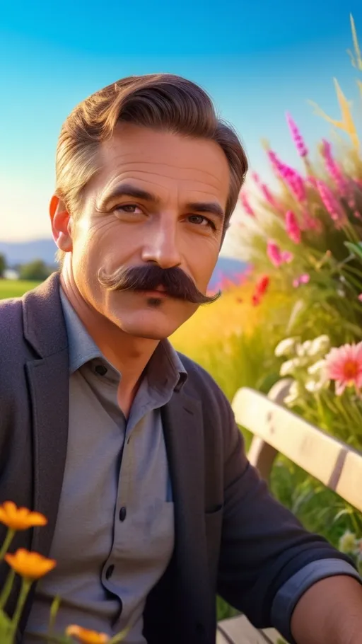 Prompt: a man with a mustache sitting on a bench in a field of grass and flowers, looking at the camera, Don Arday, hurufiyya, no text, a picture