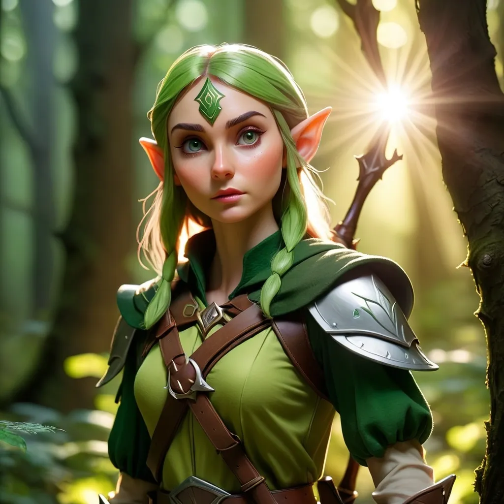 Prompt: Elf ranger in a mystical forest around sunlight