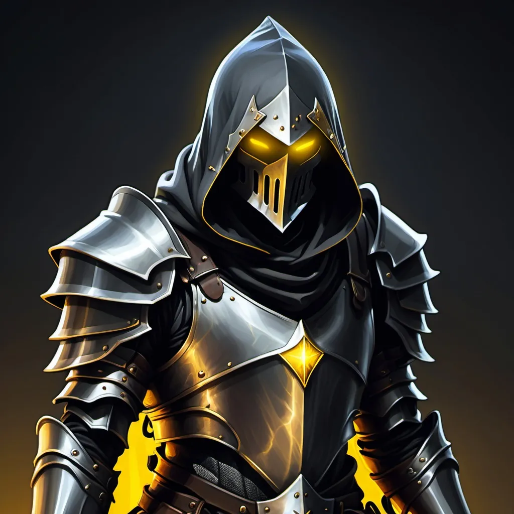 Prompt: hooded knight, metal armor, yellow glowing eyes