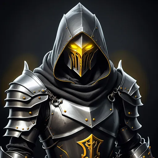 Prompt: hooded knight, metal armor, yellow glowing eyes