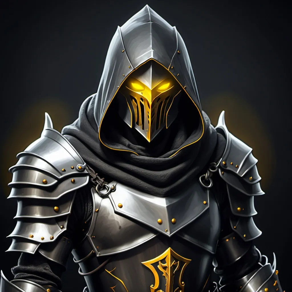 Prompt: hooded knight, metal armor, yellow glowing eyes