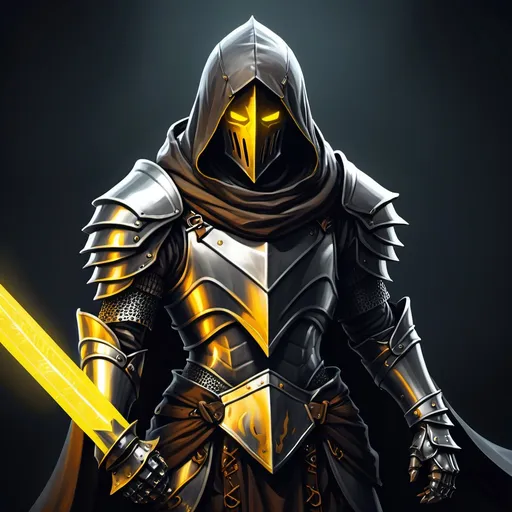 Prompt: hooded knight, metal armor, yellow glowing eyes