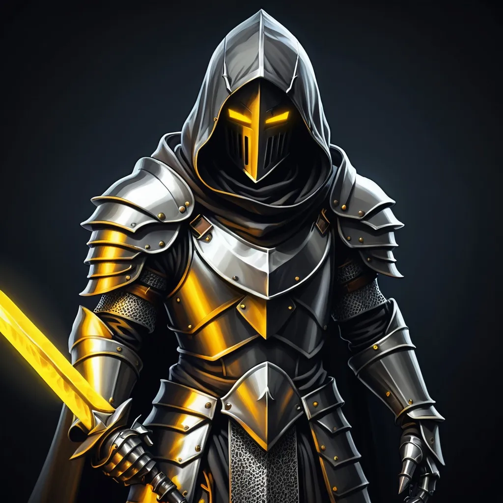 Prompt: hooded knight, metal armor, yellow glowing eyes