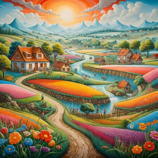 Prompt: A breathtaking and highly detailed surreal palette painting depicting an enchanting spring landscape. The scene is filled with family happiness (Parents, Children, Children), fields (villas, gardens, rice fields) and artists sketching amid a brilliant tapestry of wildflower fields, cornfields, waterfalls, cozy little houses and windmills with gently rotating sails. The brush creates intricate swirling patterns of mixed colors, leaving a trail of pigment dust that drifts toward the easel over a sun-dappled meadow. This work of art masterfully captures rough textures, dramatic lighting, and a depth of field that enhances vivid complementary colors. This special piece was skillfully created by famous artist Heikuh.