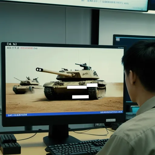 Prompt: a computer screen with a tank on it's display screen and a man standing in the background with a gun, Dai Xi, dau-al-set, 100mm, a screenshot