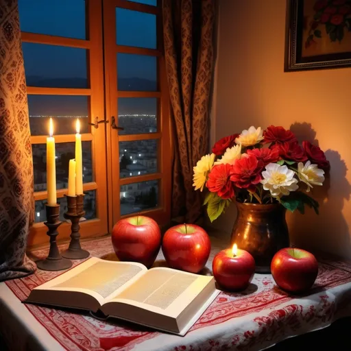 Prompt: Illustrate afew apple and pomegrant, candles, flower, a book, on a table , infront of a window , at yalda night in iran