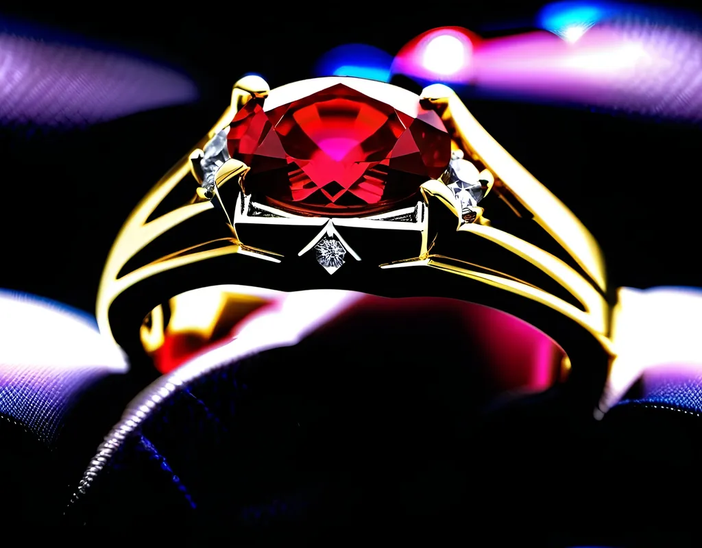 Prompt: (highly detailed) red velvet display case with men's black gold setting wedding ring, (starfire blood ruby) as the central gemstone, luxurious texture, soft ambient lighting emphasizing the richness of materials, a sense of elegance and sophistication, intricate craftsmanship details on the ring, (ultra-detailed) and (high quality) presentation suitable for showcasing fine jewelry.