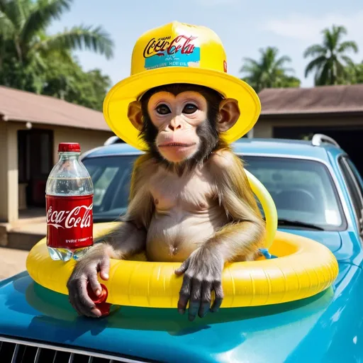 Prompt: Monkey in top of water jug drinking coca cola on a top of the car with blue duck hat and yellow swim ring