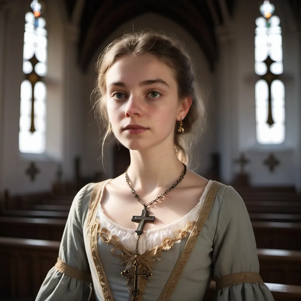 Prompt: A 25 years old woman, wearing a 18th century rich dress, necklace with cross, 14th century church, morning zenith light