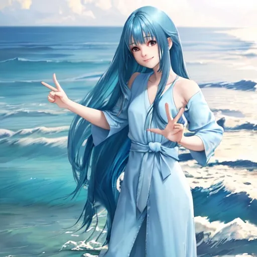 Prompt: Blue hair like the ocean, standing, look at camera, sweet smile, Peace pose, calm,long hair,