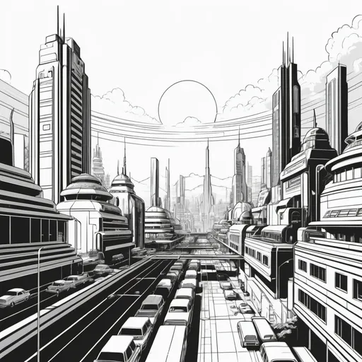 Prompt: Generate line art illustration featuring a retro-futuristic city scape in the daytime as seen from the distance. The city should exude a sense of mid century modern design.  The illustration should be intricate and symmetrical, allowing for coloring in various sections, black and white with blank white background.
