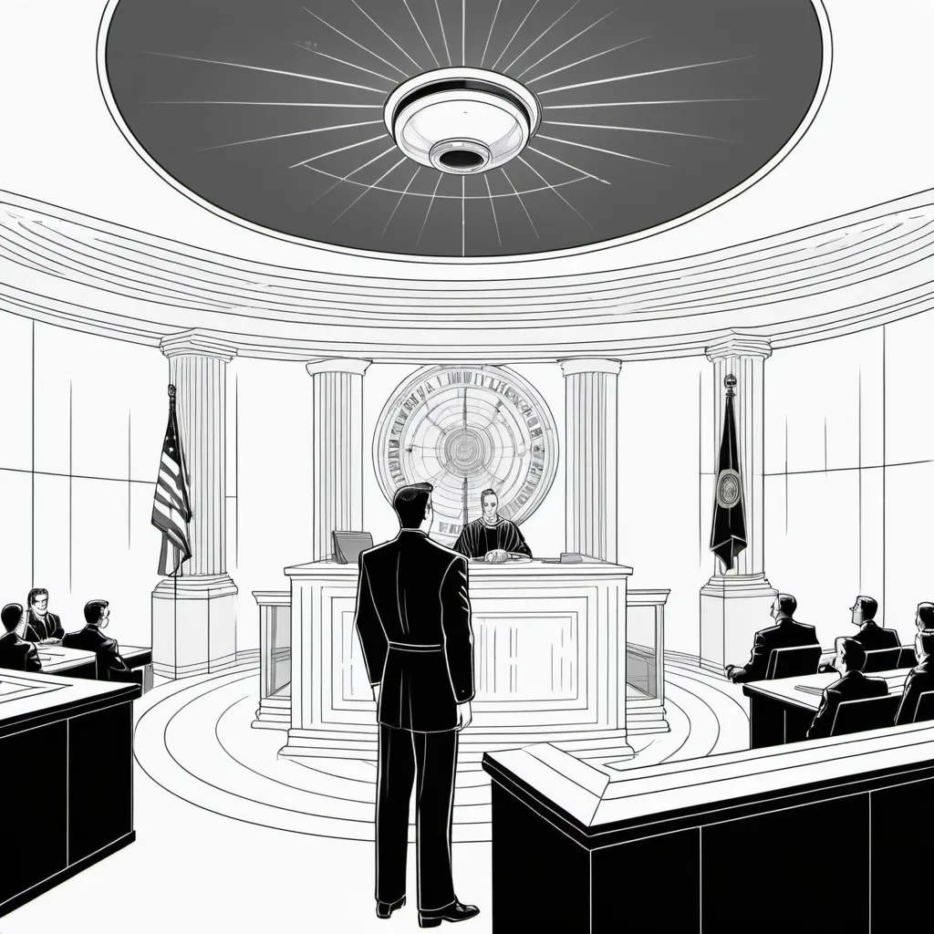 Prompt: Generate line art illustration featuring  a retro-futuristic courtroom a judge watches a man drown in a water chamber. The courtroom should exude a surreal  sense of mid century modern design.  The illustration should be intricate and symmetrical, allowing for coloring in various sections, black and white with blank white background.
