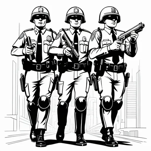 Prompt: Generate line art illustration featuring  retro-futuristic police officers carrying laser guns and wearing riot gear controlling a riot. The uniforms of the police officers should exude a sense of mid century modern design.  The illustration should be intricate and symmetrical, allowing for coloring in various sections, black and white with blank white background.
