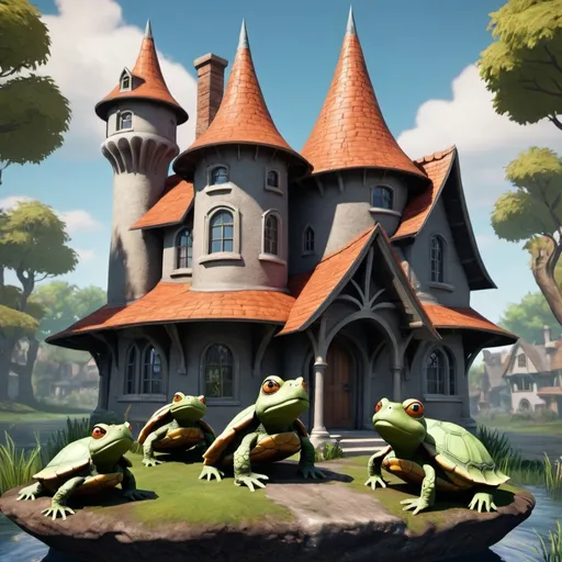 Prompt: create an image with medievil houses with turtles and frogs.